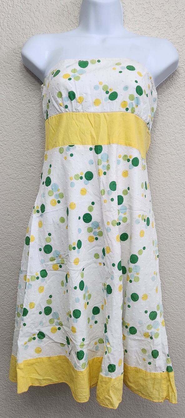 Bui Yah Kah White Yellow Green Polka Dot Strapless Fit N Flare Mini Dress Medium